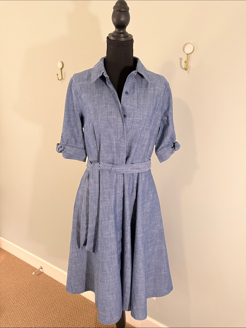 Calvin Klein Chambray Blue Shirtwaist Midi Dress with Tie Belt